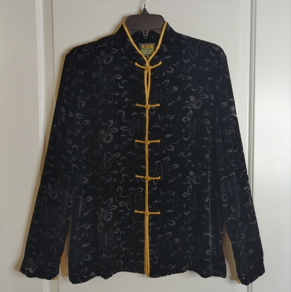 Vintage Asian Style Tunic Top Black Silk Blend Mandarin Collar XL. - Picture 9 of 11